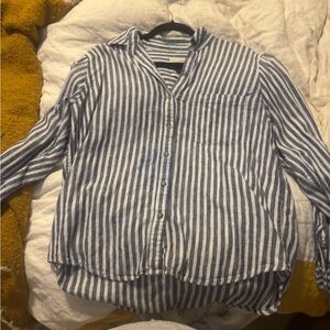 Blue and White linen Striped Button-Up Shirt